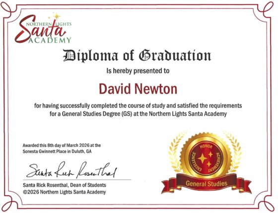 Santa Dave's Northern Lights Santa Academy diploma