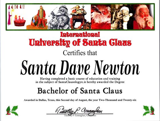 Santa Dave's University of Santa Claus certificate