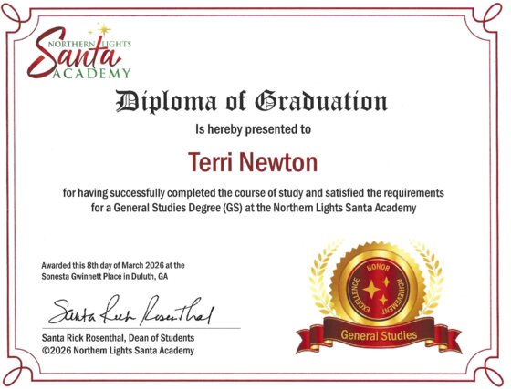 Mrs. Terri Claus's Northern Lights Santa Academy diploma