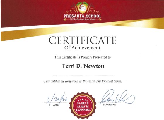 Mrs. Terri Claus's ProSanta School certificate