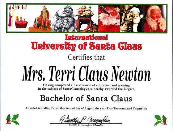 Mrs. Terri Claus's University of Santa Claus certificate