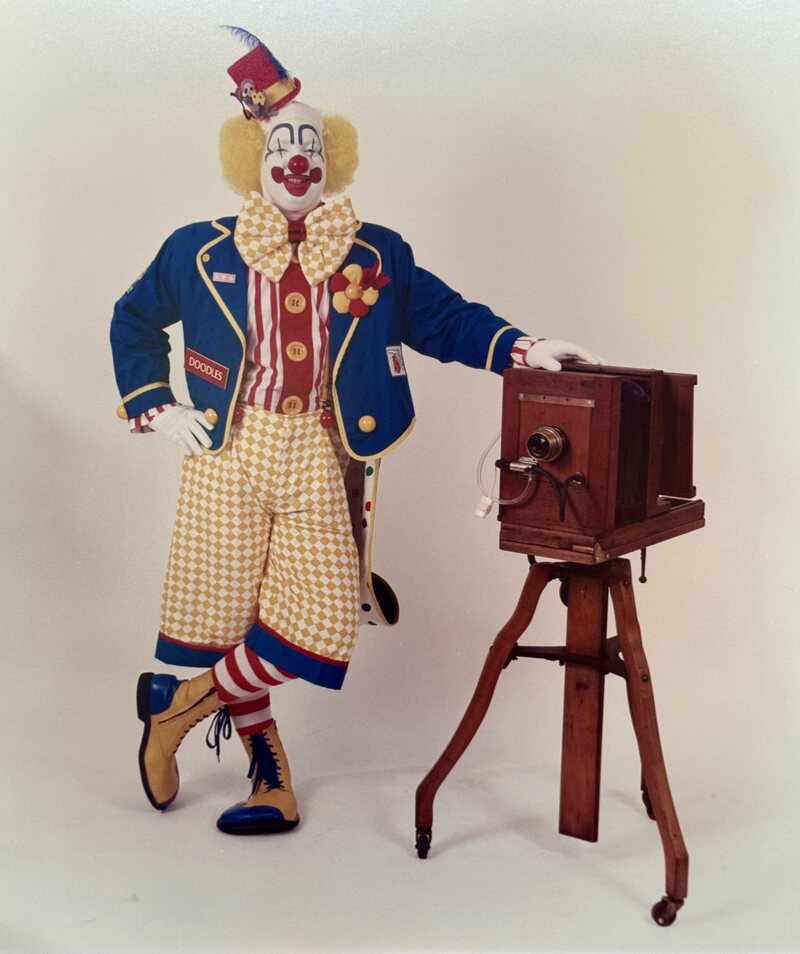 Santa Dave as Doodles, an award-winning whiteface clown